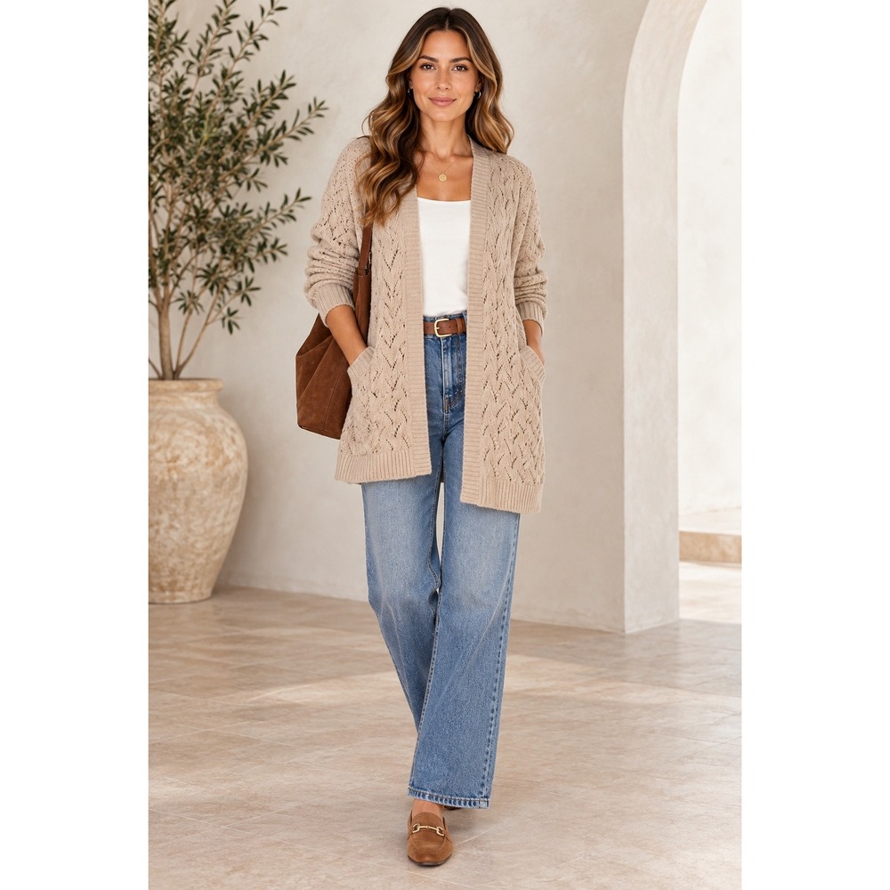 Garnet Hill Wool Linen Pointelle Cardigan Beige Boho Cottagecore Minimalist S
